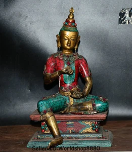 13.2"Old Tibet Bronze Gilt Turquoise coral Vajrasattva Vajrasattra Buddha Statue - Picture 1 of 8