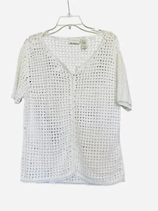 Liz Claiborne Womens Sweater Sz L White Crochet Cardigan Cover Up Beachy Cottage - Picture 1 of 10