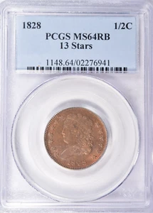 1828 HALF CENT 13 STARS ~ SHIMMERING ORANGE PCGS MS64 RB RED & BROWN! - Picture 1 of 4
