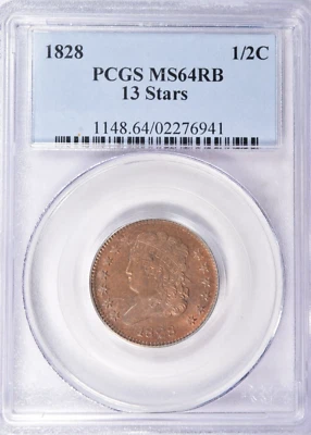 1828 HALF CENT 13 STARS ~ SHIMMERING ORANGE PCGS MS64 RB RED & BROWN! - Image 1 of 4