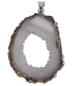 AGATE PENDANT CRYSTAL GEODE Slice, Unique Polished Natural Stone Brazil Silver - Picture 1 of 9