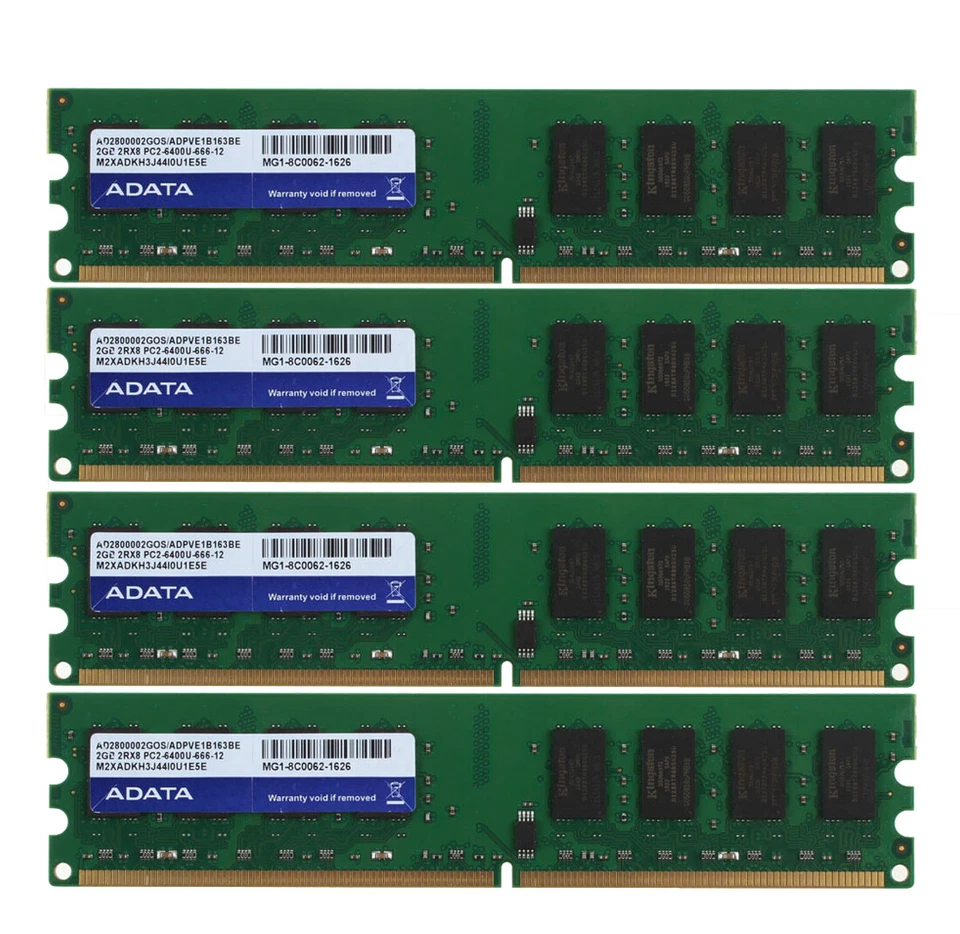 ADATA Kits 4X 2GB 2RX8 PC2-6400 DIMM DDR2 800Mhz Desktop Memory RAM Low Density - Image 1 of 4