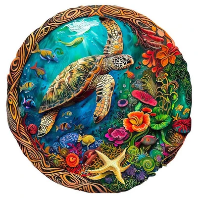 Sea Turtle Wood Jigsaw Puzzle Round Shape Adults Kids Small/A5 $39.99 NIB - Image 1 of 4