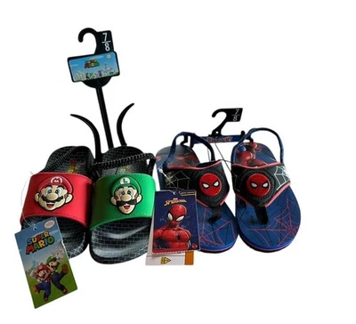 2 Pair Nintendo Mario Luigi TODDLER 7/8 Slides Sandals Spider-Man LIGHT UP NEW - Image 1 of 4
