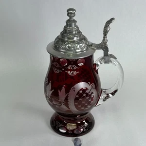 Handarbeit Germany Etched Cut to Clear Glass Beer Stein - Orig. Label - Picture 1 of 14