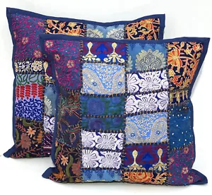 5 PC Blue Khambadiya Patchwork Pillow Cover Cushion Throw Vintage Sofa Décor - Picture 1 of 6