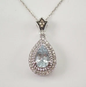 Aquamarine and Diamond Halo Pendant White Gold Necklace 18" Chain March Gemstone - Picture 1 of 5