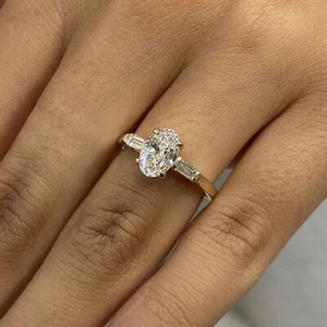 Oval Lab-Created Diamond 3 Stone Engagement Ring 1.20ct E-F/VS1 14K Yellow Gold - Picture 1 of 11