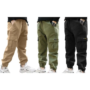 Kids Boys Casual Dungarees Pants Fashion Pure Color Cargo Trousers for Autumn - Picture 1 of 11
