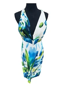 Vtg Roberto Cavalli Blue Green Watercolor Crepe Bodice Silk Mini Dress Size 44 - Picture 1 of 10