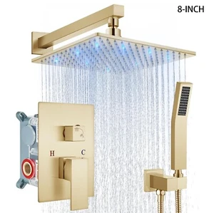 Brushed Gold Shower System 8 In LED Rainfall Shower Head Wall Mounted Shower Set - Picture 1 of 15