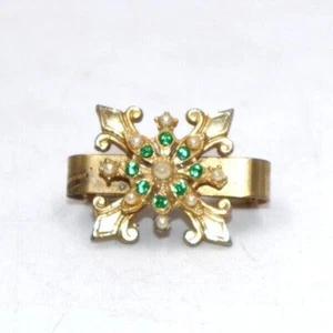 Vintage Gold Colored Emerald & Pearl Rhinestone Snowflake Hinged Scarf Clip - Picture 1 of 5