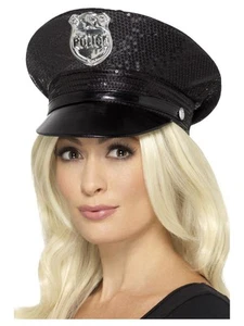 Smiffys Fever Sequin Police Hat, Black - Picture 1 of 1