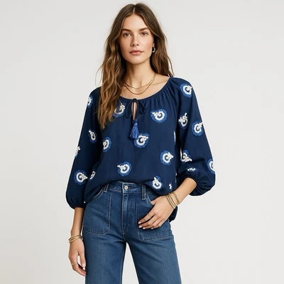Oliphant Top XS Blue White Floral Embroidered 3/4 Sleeve Boho Cotton Blouse - Image 1 of 4