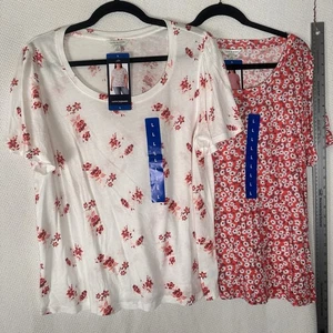 LUCKY BRAND 2er Set geblümte T-Shirts rosa rot weiß Damen Größe L - Bild 1 von 13