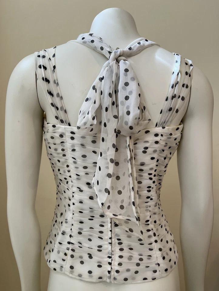 Top Corsé Maggy London De Colección Años 80 Con Talla 6 Seda Crema Negro Lunares Acanalado Foto 1 de 4