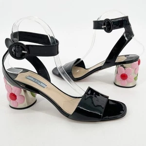 Prada Black Patent Leather Ankle Strap Flower Block Heel Sandal size IT 40 - Picture 1 of 12