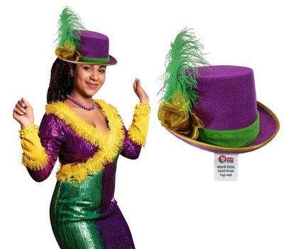 Womens Purple Velvet Mardi Gras Top Hat Gold Rose Green Feather Costume - Image 1 of 4