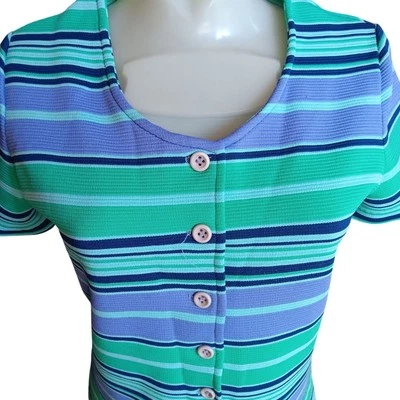 1OF1 Medium Vintage Mom Top 1980's Striped Button-Up Pullover Handmade Stretch - Image 1 of 4
