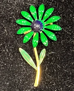Spilla fiore vintage smalto verde e blu su metallo - spilla margherita stelo tono oro - Foto 1 di 2