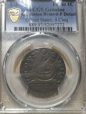 1787 Estados Unidos, 4 centavos Cinquefoils Fugio PCGS buenos 4 sin problemas Foto 1 de 4