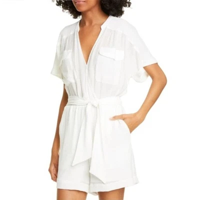 Brochu Walker Jas Romper White Gauze Short Sleeve V Neck Belted Size XS - Image 1 of 4
