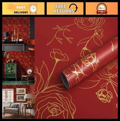 Papel Pintado Floral Pelar y Pegar 118"x17.3" - Rollo Vinilo Autoadhesivo Rojo y Dorado Foto 1 de 4