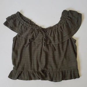 Top contadino Express Off the Shoulder XL verde avocado con volant spiaggia boho hippie - Foto 1 di 9