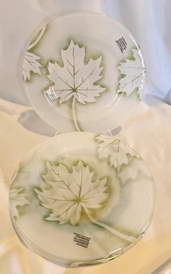 Set of 4 Frosted Glass 8.25" Salad Plates Green Edged Maple Leaf Design Germany - Image 1 of 2