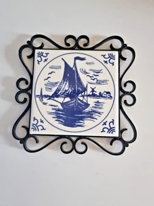 Fliese Untersetzer Wessel Bonn Kachel Delft blau Schmiedeeisen Segelboot - Bild 1 von 6