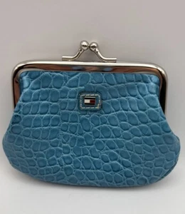 Tommy Hilfiger Faux Alligator Coin Purse Bright Blue Kiss Lock 5"x3 1/2" - Picture 1 of 4