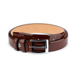 Brown Patent Leather Belt For Men Genuine Leather Dress Belt Silver Buckle 35 Mm