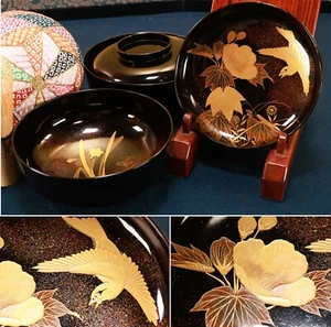 Japanisches Lack Paar Suppenschüssel mit Deckel 2,83 Zoll Gold Floral & Vogel Maki-e - Bild 1 von 18