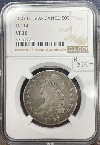 1807 50c NGC VF20 Large Stars Original Capped Bust Half Cover