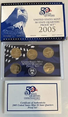 2005 S US 50 State Quarters Uncirculated Proof Mint Set - 5 Proof Coins OGP COA - Image 1 of 3