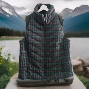 TALBOTS Womens 1X Green Plaid Quilted Goose Down PUFFER VEST Zip-Up NWOT  - Picture 1 of 7