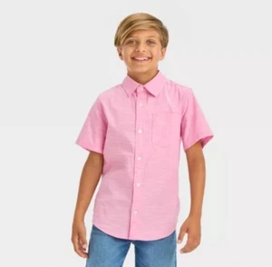 Boys' Short Sleeve Poplin Button-Down Shirt - Cat & Jack Size XS 4/5 Pink - Picture 1 of 2