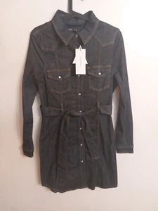New Karen Millen UK 12 Dark Blue Denim Stretch Belted Western Short Shirt Dress - Picture 1 of 14