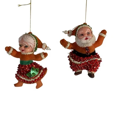 Mr & Mrs Santa Claus 3" Beaded Sequin Felt Vintage Christmas Ornaments Push Pin - Image 1 of 4