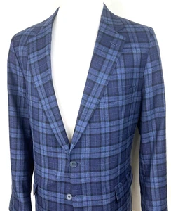Maus Hoffman Mens 46R Plaid Wool Silk Linen Sport Coat Blazer Blue Two Button - Picture 1 of 10