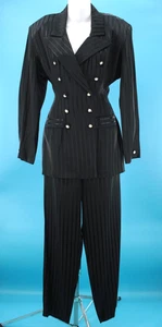 VTG Women's 80s 2 Pc Black Striped Power Suit Set Sz M 1980s Jacket & Pants Suit - Picture 1 of 16