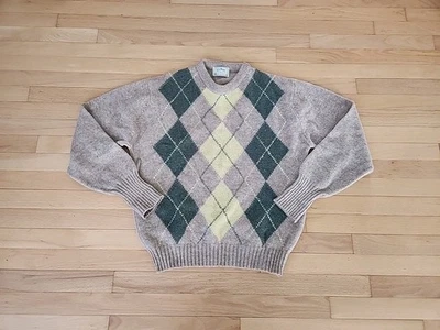 LL Bean 100% Шетландская шерсть Свитер Аргайл Большой Коричневый/Зеленый/Желтый Сделано в Ирландии - Изображение 1 из 4