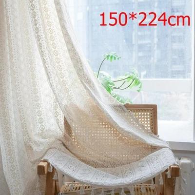 Cortina Boho Crochet Rústica Bohemia Cortinas Encaje Borlas Ventana Cortinas Beige Foto 1 de 4