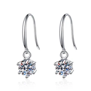 925 Sterling Silver 2Ct D/VVS1 Round Cut Moissanite Halo Dangle Hoop Earrings - Picture 1 of 11