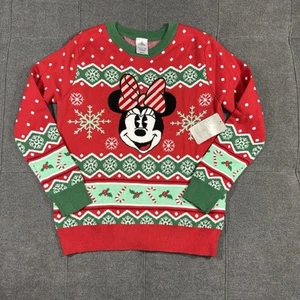 Minnie Mouse Christmas Sweater Womens S Disney Snowflake Striped Bow Red Green - Picture 1 of 13