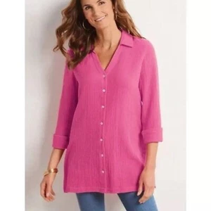 Soft Surroundings Women's Hot Pink Gauze Cotton Button Down Shirt, Medium - Picture 1 of 8