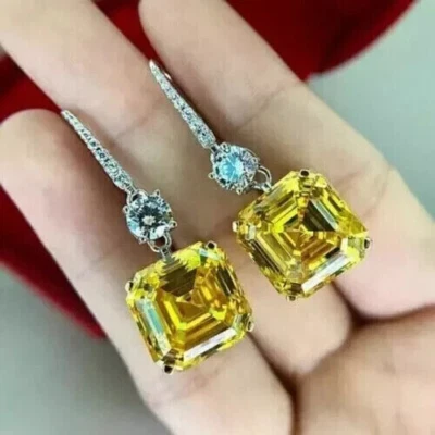 14K White Gold Plated 2Ct Asscher Cut Lab-Created Citrine Drop & Dangle Earrings - Image 1 of 3