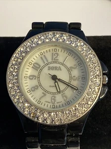 Orologio Bora Black Tone Crystal Accent cassa rotonda cinturino nero batteria nuova - Foto 1 di 9