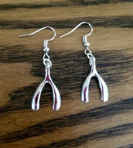 Sterling Silver Wishbone Earrings, Good Luck Charms, Handmade Dangle Earrings - Picture 1 of 3