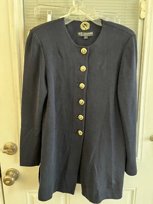 St John Basics Jacket Blazer Navy Santana Knit Longer Cut Gold/Navy Buttons Sz S - Image 1 of 4